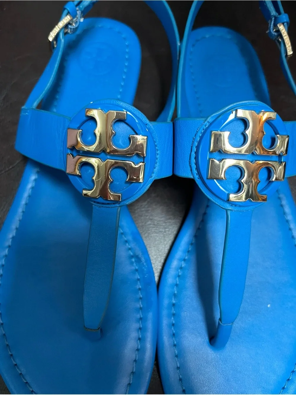 Tory Burch Bright Blue Logo T-Strap Sandals with Gold Emblem